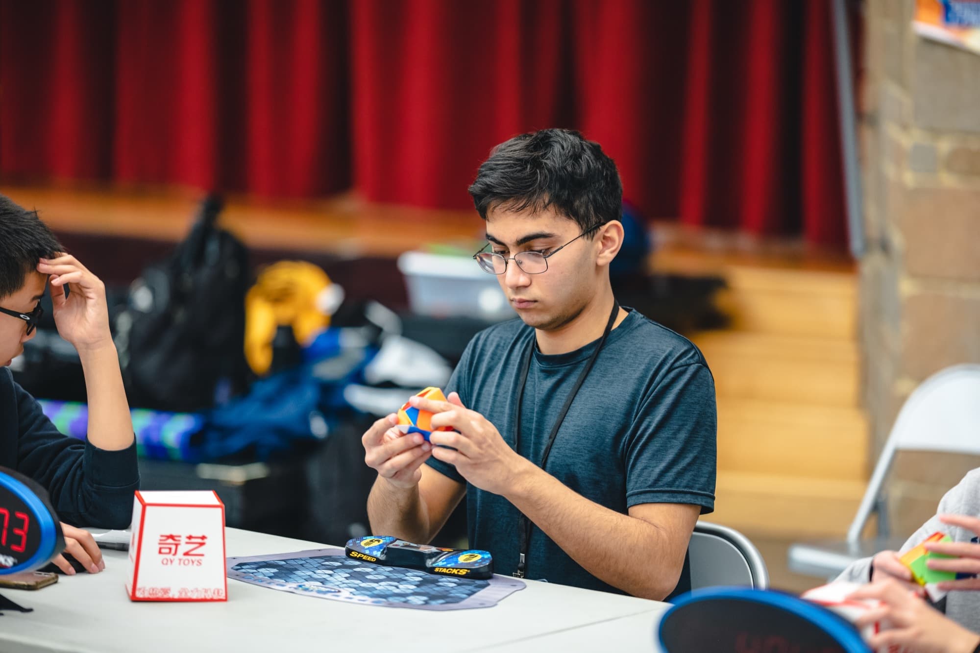 Soham Jinsi competing in the Skewb event at the Potomac Spring 2023 WCA competition